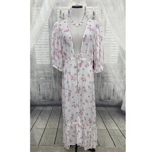 Vince Camuto Medium Sheer White Pink Floral Beach Dress Swim Cover Up Sleeves